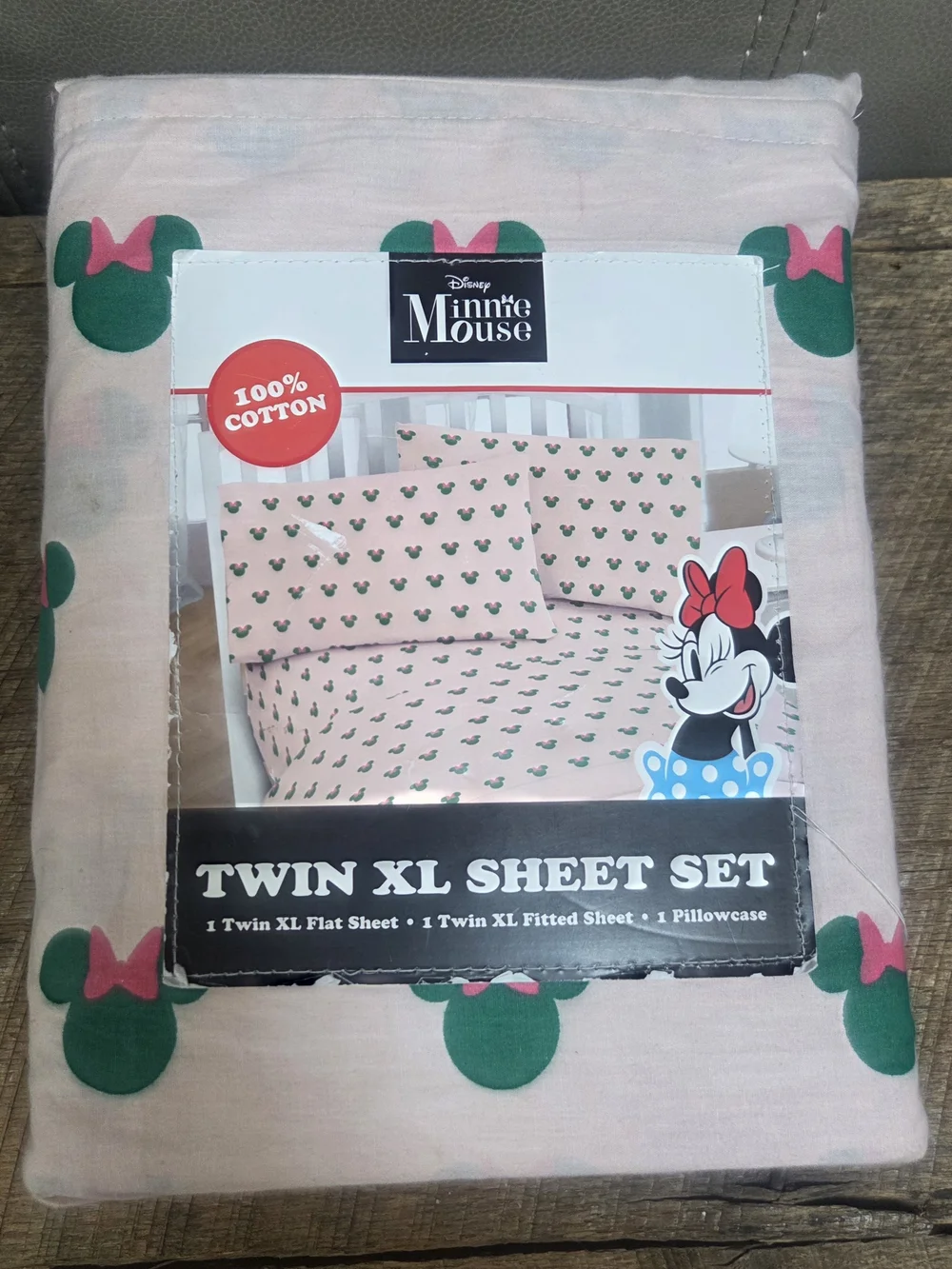 NEW ** Disney Minnie Mouse Twin XL Sheet Set 100% Cotton Pink Green ~ Bin O